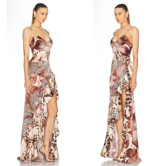 Retrofete Raelynn Silk Ruffle Tiered Vintage Mixed Animal Print Maxi Dress Sz L - Picture 2 of 9